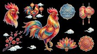 Colorful Chinese zodiac rooster clipart set with lanterns, blossoms, and ornaments, isolated on transparent background, ready for T-shirts, stickers, and print on demand.