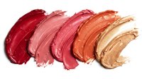 Colorful lipstick smears in red pink coral and nude tones isolated on white background for cosmetic beauty and makeup design projects.