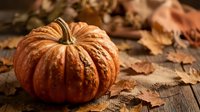 Orange ribbed pumpkin on rustic wooden surface with autumn leaves creating warm seasonal harvest decoration for fall celebrations and thanksgiving displays.