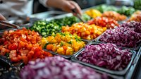 Fresh colorful vegetables chopped and arranged in metal containers at salad bar including diced peppers, red cabbage, tomatoes and herbs ready for food service.