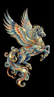 Ornate winged horse with gold accents, blue tones, and swirling details, isolated on transparent background. Great for stickers, t-shirt design, and print on demand.