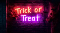 Glowing neon trick or treat sign on dark brick wall with spooky cobwebs, creating atmospheric Halloween mood in pink and red lighting effects.