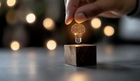 Hand holding glowing brain lightbulb icon over wooden cube against blurred bokeh background, representing innovation and creative thinking concept.