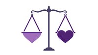 Purple scales balancing heart and triangle symbols on white background, minimalist legal or relationship concept design for presentations and graphics.