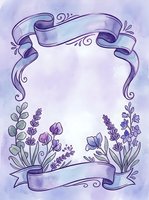 Ornate purple ribbon banner frame with lavender flowers and botanical elements on white background, isolated and ready for invitations, greeting cards, and design projects.