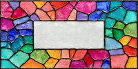 Colorful stained glass mosaic frame with vibrant geometric pieces surrounding empty central rectangle, perfect for text or personalization.