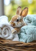 Adorable brown and white baby bunny nestled in soft towels inside wicker basket, looking at camera with bright eyes against blurred natural background.