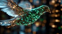 Magical dove silhouette with glowing emerald and gold digital particles effect against dark background, wings spread in graceful flight motion. Suitable for spiritual designs.