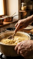 Senior male chef stirring cooked pasta in large pot with wooden spoon in warm kitchen setting with cookware and ingredients visible in background.