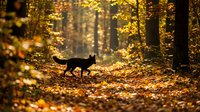 Black cat walking through golden autumn forest with fallen leaves and warm sunlight filtering through trees creating magical woodland atmosphere.