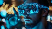 Bearded man wearing futuristic augmented reality glasses with digital interface display, surrounded by blue technology lights in dark environment.