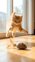Playful ginger kitten leaping mid-air toward a toy mouse on a sunny hardwood floor, capturing energy, curiosity, and the joy of pet play.