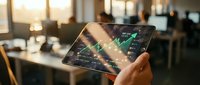 Young professional holding tablet displaying financial charts and stock market data with upward trending graphs in modern office environment during daytime.