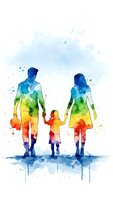Watercolor family silhouettes with rainbow gradient colors walking together, parents and child holding hands on white background for creative design.