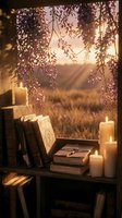 Cozy reading nook with vintage books and glowing candles by window with purple wisteria flowers at golden hour sunset for relaxation and mindfulness concepts.