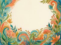 Watercolor floral frame with colorful swirls, leaves, and blooms surrounding a blank center, perfect for greeting cards and invitations.