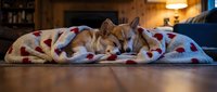 Two adorable Shiba Inu puppies sleeping peacefully together on cozy polka dot blanket in warm home interior. Perfect for pet care and comfort themes.