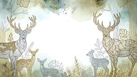 Forest animals frame with deer family and fawns in woodland setting. Hand-drawn border design for nature-themed projects and seasonal decorations.