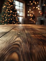 Rustic wooden table surface with warm Christmas lights bokeh background creating cozy holiday atmosphere for product display and seasonal marketing campaigns.
