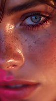 Close-up of woman with freckles, blue eyes and pink lips bathed in warm golden light, showcasing natural beauty and skin texture.