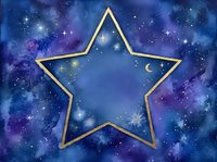 Golden star frame against cosmic nebula background with sparkling stars and crescent moon for celestial designs and mystical artwork projects.