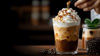 Layered iced caramel coffee drink topped with whipped cream and drizzle in glass on dark wooden table with coffee beans and mint leaves in background.