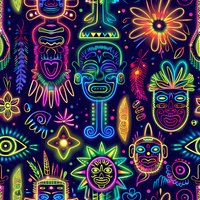 Vibrant neon tribal masks and mystical symbols create seamless pattern on dark background. Glowing ethnic faces with decorative elements form psychedelic design.