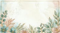 Soft watercolor floral background with gold line art leaves and pastel flowers, elegant botanical frame with copy space for wedding or greeting card.