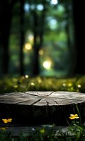 Tree stump in enchanted forest with yellow wildflowers and magical bokeh lights in blurred background, natural wooden platform for product display or photography.