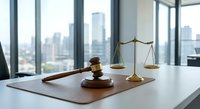 Wooden gavel and brass scales of justice on desk in modern law office with city skyline view through windows for legal services and attorney consultation.