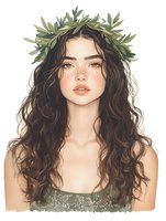 Young woman with olive wreath crown and long dark wavy hair, wearing green lace top. Freckled face with natural makeup look and parted lips on white background.