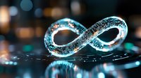 Glowing infinity symbol with digital circuit pattern in turquoise blue light against dark background, representing technology and endless possibilities.