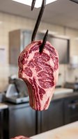 Raw marbled beef steak hanging from metal hooks in professional kitchen setting, showcasing premium meat quality and marbling patterns for culinary and food industry use.