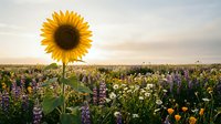 Single sunflower stands tall among colorful wildflower meadow at golden hour sunset with soft clouds creating peaceful natural landscape scene.