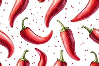 Seamless pattern of bright red chili peppers with green stems on white background, scattered with tiny red dots. Fresh spicy vegetable design for fabric and wallpaper.