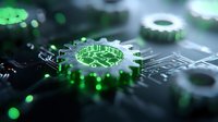 Glowing green gear shape integrated with circuit board pattern creates futuristic technology concept with bokeh light effects in dark background.