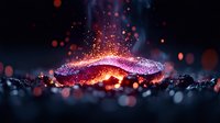 Magical glowing abstract shape with sparkling particles and bokeh effects floating above dark surface, illuminated by warm orange and purple light in mystical atmosphere.