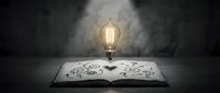 Glowing vintage lightbulb floating above open book with gears and mechanical elements on dark background symbolizing innovation and knowledge fusion.