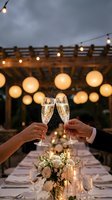 Elegant couple toasting with champagne glasses at romantic outdoor dinner party under string lights with floral centerpiece and candles on decorated table.