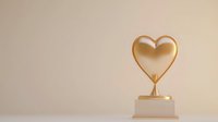 Golden heart-shaped trophy award on white pedestal against neutral background, symbolizing love, achievement and recognition in romantic or relationship success.