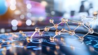 Molecular structure visualization with glowing nodes and connections against blurred digital background, representing scientific research and innovation.
