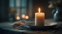 Burning candle on dark wooden table creates warm atmospheric lighting for cozy interior decoration and relaxation moments.