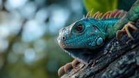 Close up portrait of turquoise blue iguana head with spikes and scales resting on tree branch against blurred natural background, macro wildlife photography.
