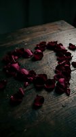 Dark moody heart shape made of deep red rose petals on rustic wooden table, romantic Valentine's Day concept with dramatic lighting.
