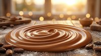Melted chocolate swirl on sandy surface with cocoa beans and warm bokeh lighting in background, suitable for food and confectionery marketing.