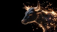 Mystical black bull head with glowing golden particles and sparkles against dark background, side view profile creating magical fantasy effect.