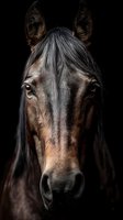 Close-up portrait of dark bay horse head with expressive eyes against black background, showing detailed features and glossy coat. Fine art equine photography.