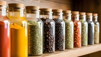 Row of glass spice jars with cork lids containing colorful herbs and spices arranged on wooden shelf for kitchen organization and culinary cooking.