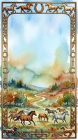 Watercolor landscape with horses running through valley, mountains and forest in background, ornate bronze frame with equestrian motifs and horseshoes.