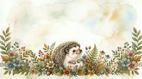 Cute hedgehog surrounded by wildflowers, ferns, and botanical elements in watercolor style. Isolated on white background, ready for nursery decor, children's book illustrations, greeting cards, and fabric design projects.